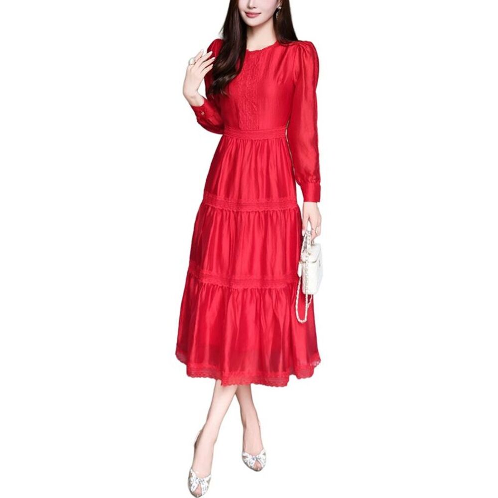 Burryco Womens  Red Solid Midi Dress, Red